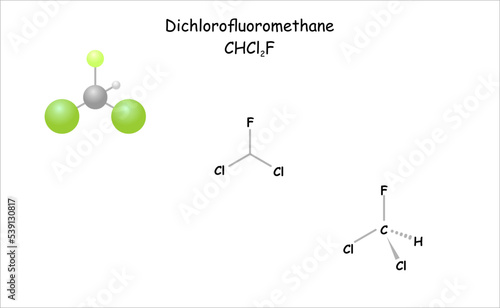 Stylized molecule model/structural formula of dichlorofluoromethane.