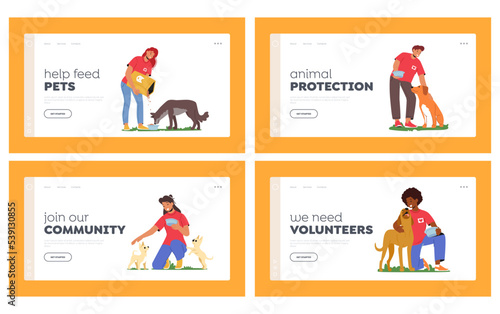 Volunteers Landing Page Template Set. Friendly Characters Feeding Dogs, Work in Animal Shelter or Pound, Volunteering