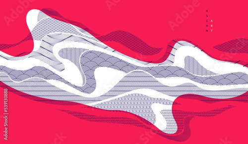 Nature art oriental Japanese style vector abstract background in red colors, runny like water shapes and lines with textures.