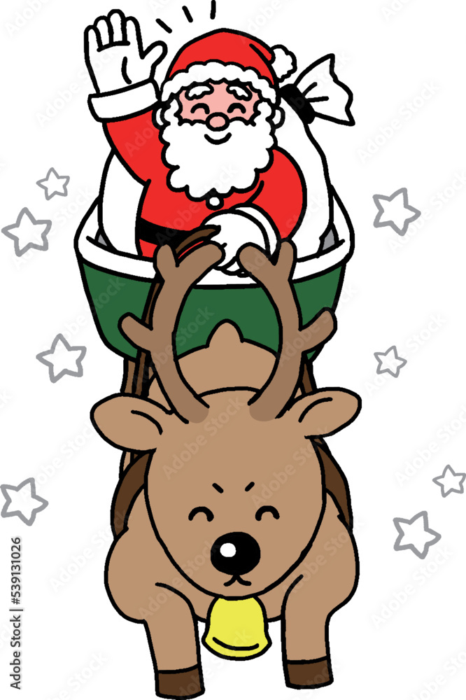 サンタクロースが乗ったソリを引くトナカイのクリスマスイラスト サンタクロースが乗ったソリを引くトナカイのクリスマスイラスト