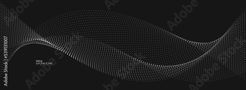 Grey dots in motion vector abstract background over black, particles array wavy flow, curve lines of points in movement, technology and science illustration.