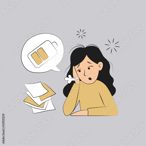 The girl is exhausted, burned out, tired of work, depressed, the battery is running low, needs rest and a break