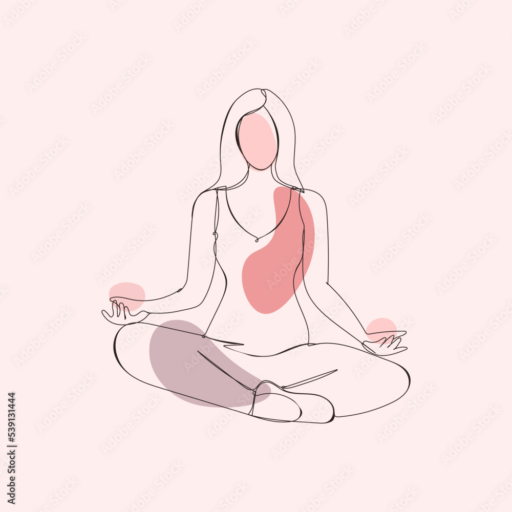 Yoga. Yoga position one line drawing. Minimalist style vector design illustration. Girl in the lotus position. Relax. Meditation. One line style. Continuous line drawing. Hand-drawn contour lines. Yoga. Yoga position one line drawing. Minimalist style vector design illustration. Girl in the lotus position. Relax. Meditation. One line style. Continuous line drawing. Hand-drawn contour lines.
