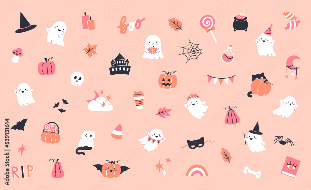 Collection of Halloween illustrations with ghosts, pumpkins, bats and other traditional decorations. Vector banner design Collection of Halloween illustrations with ghosts, pumpkins, bats and other traditional decorations. Vector banner design