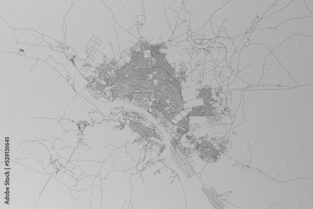 Map of the streets of Niamey (Niger) made with black lines on grey paper. Top view. 3d render, illustration