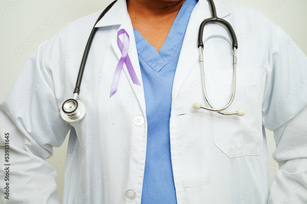 Asian woman doctor with purple ribbon, World Pancreatic Cancer day or World Alzheimer day. Asian woman doctor with purple ribbon, World Pancreatic Cancer day or World Alzheimer day.