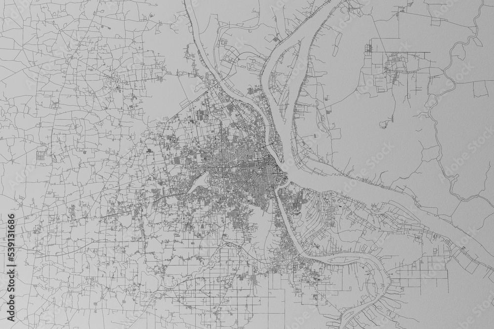 Map of the streets of Phnom Penh (Cambodia) made with black lines on grey paper. Top view. 3d render, illustration