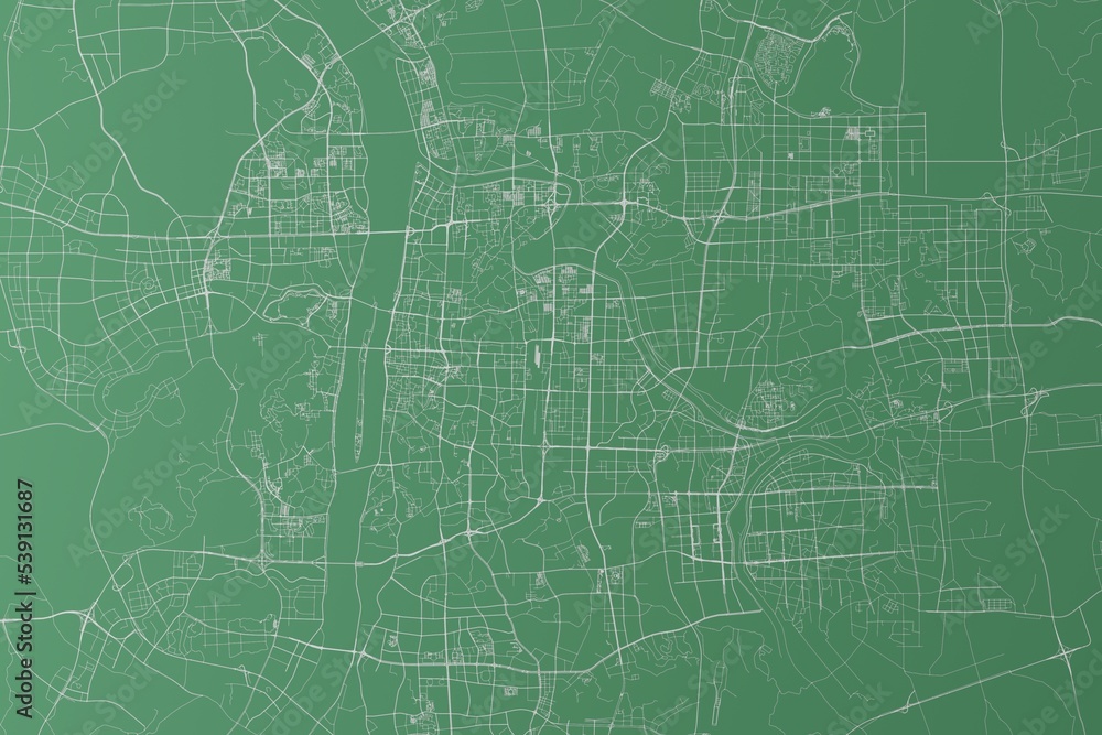 Stylized map of the streets of Changsha (China) made with white lines on green background. Top view. 3d render, illustration