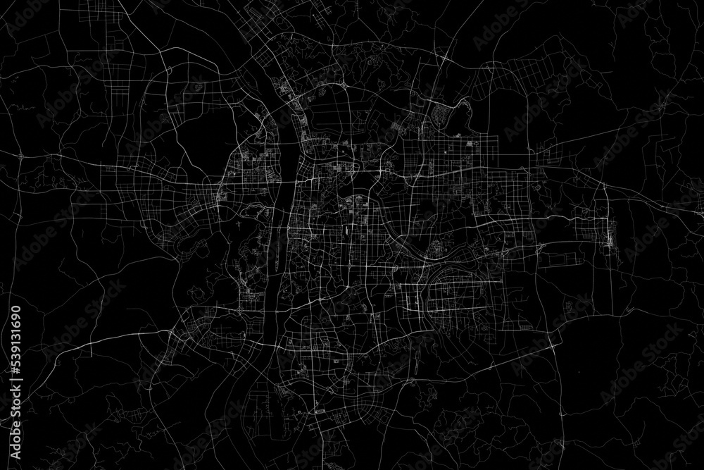 Stylized map of the streets of Changsha (China) made with white lines on black background. Top view. 3d render, illustration Stylized map of the streets of Changsha (China) made with white lines on black background. Top view. 3d render, illustration