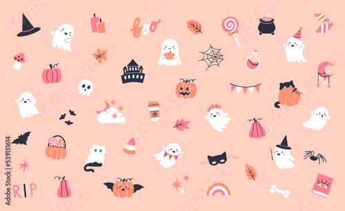 Collection of Halloween illustrations with ghosts, pumpkins, bats and other traditional decorations. Vector banner design