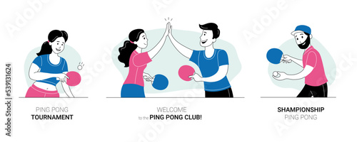 Set of cheerful people athletes playing table tennis. Ping pong players in sports outfit taking part in sports tournament or championship. Ping pong club banner cartoon thin line vector illustration