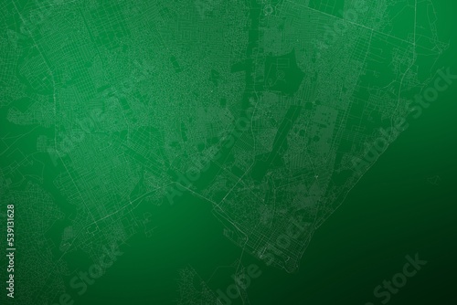 Map of the streets of Maputo (Mozambique) made with white lines on abstract green background lit by two lights. Top view. 3d render, illustration