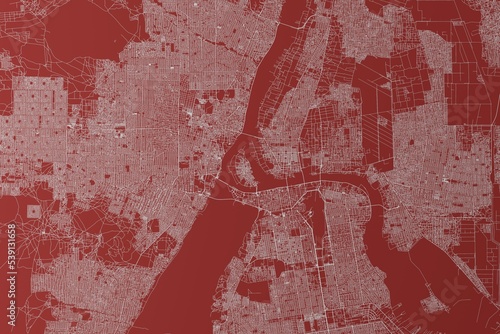 Map of the streets of Khartoum and Omdurman (Sudan) made with white lines on red background. Top view. 3d render, illustration photo