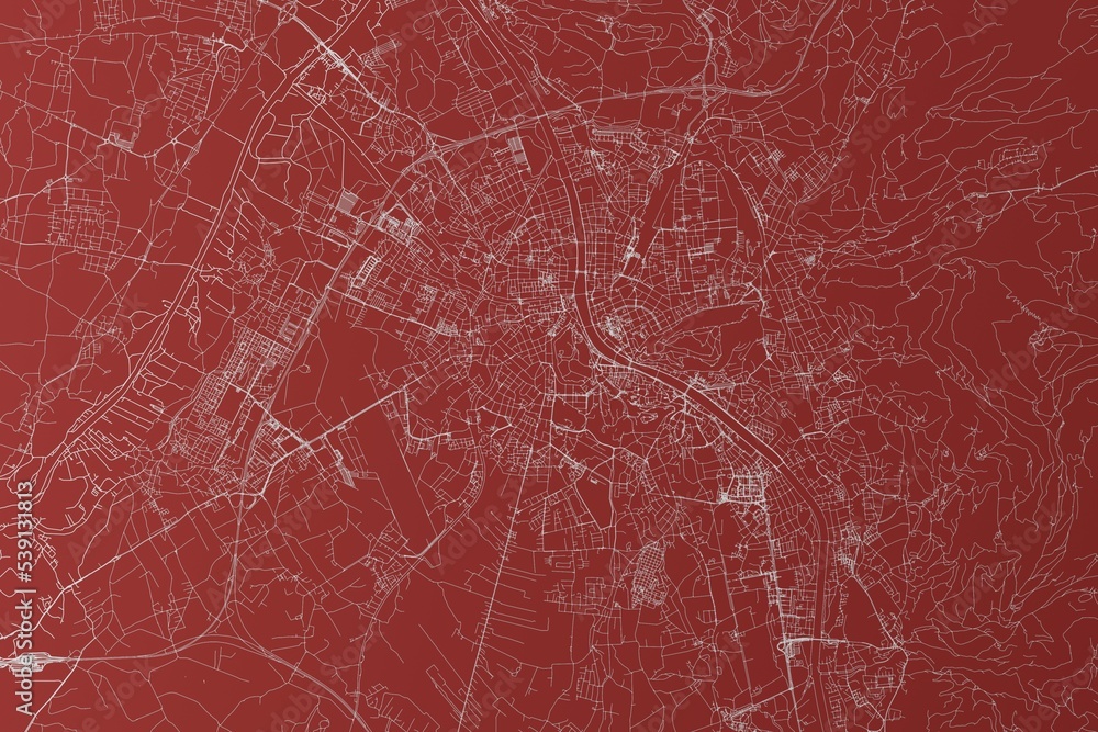 Fototapeta premium Map of the streets of Salzburg (Austria) made with white lines on red background. Top view. 3d render, illustration