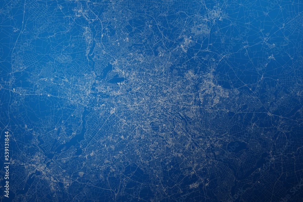 Stylized map of the streets of Berlin (Germany) made with white lines on abstract blue background lit by two lights. Top view. 3d render, illustration Stylized map of the streets of Berlin (Germany) made with white lines on abstract blue background lit by two lights. Top view. 3d render, illustration