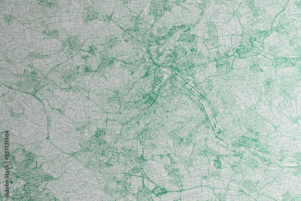 Fototapeta premium Map of the streets of Stuttgart (Germany) made with green lines on white paper. 3d render, illustration