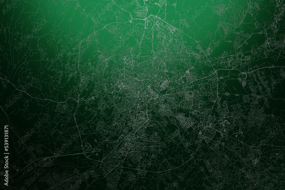 Street map of Rome (Italy) engraved on green metal background. Light is coming from top. 3d render, illustration