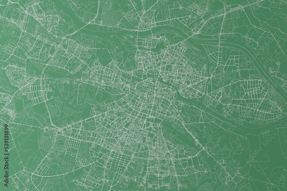 Stylized map of the streets of Wroclaw (Poland) made with white lines on green background. Top view. 3d render, illustration