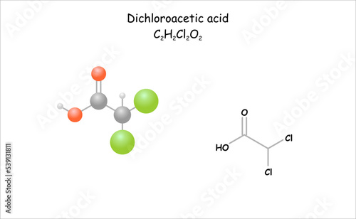 Stylized molecule model/structural formula of dichloroacetic acid.