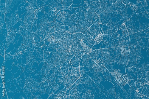 Map of the streets of Rome (Italy) made with white lines on blue background. 3d render, illustration