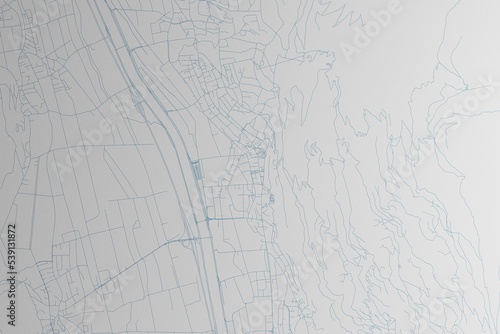 Map of the streets of Vaduz (Liechtenstein) made with blue lines on white paper. 3d render, illustration