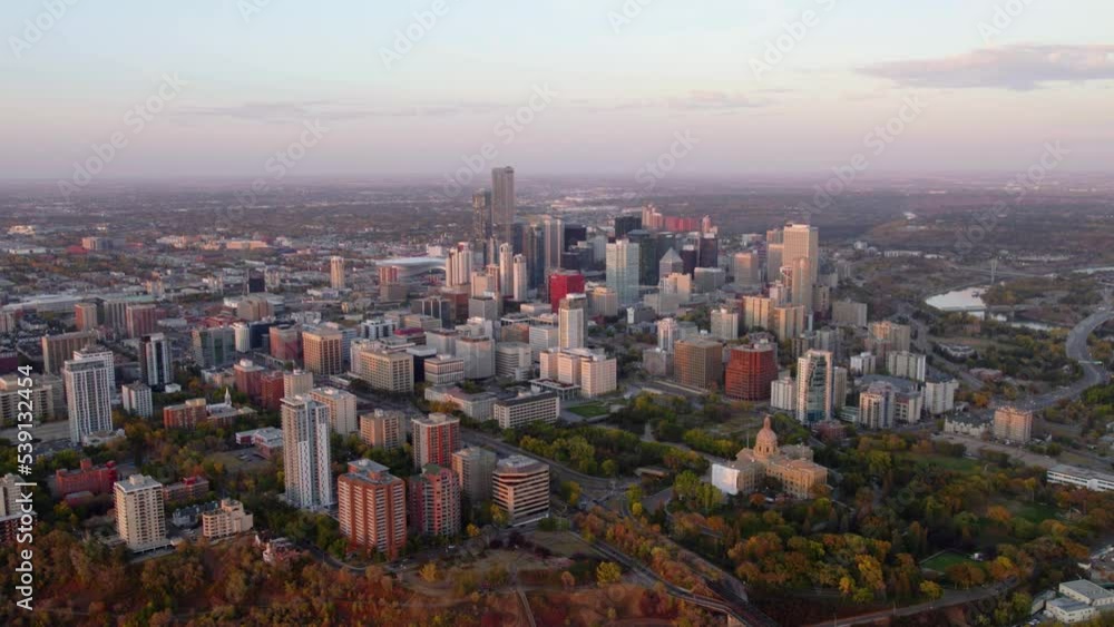 Aerial view towards downtown Edmonton skyline, sunny evening in Alberta, Canada Aerial view towards downtown Edmonton skyline, sunny evening in Alberta, Canada