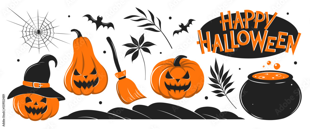 Happy Halloween. Big set with pumpkins, cobwebs, spider, bat, with a vat of potion and a broom.  Vector illustration for Holiday poster, greeting card, party invit