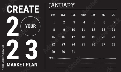 Vector illustration of calendar year 2023. January 2023 calendar template. Calendar design in black and white. Eps10 Vector