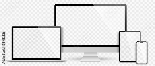 Realistic set computer, laptop, tablet and smartphone. Device screen mockup collection. Realistic mock up computer, laptop, tablet, phone with shadow- stock vector. photo