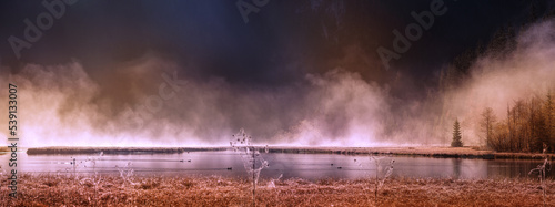 Herbstmotiv - See in herbstlicher Nebelstimmung mit Wasservögel als Panorama
