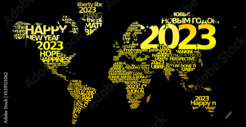 Bonne Année 2023 or doré nuage de mots tag cloud happy new year texte voeux jour de l'an carte du monde 