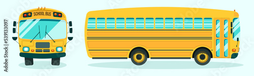 Vector illustration of yellow school bus front and side view. Back to school