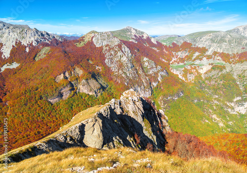 Rieti (Italy) - The peak of Monti Reatini, beside Terminillo, during the autumn foliage, with Brecciaro, Ritornello, Elefante, Valloni and Jaccio Crudele summits. photo