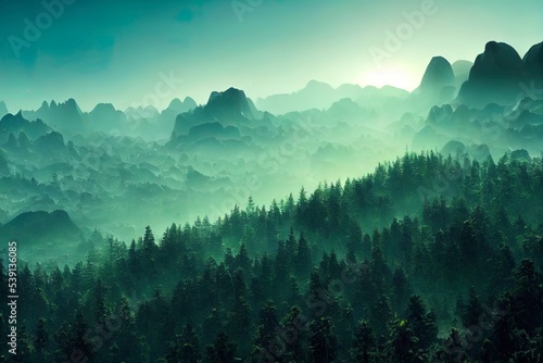 Sci Fi green lush landscape background, 3d illustration. © W&S Stock