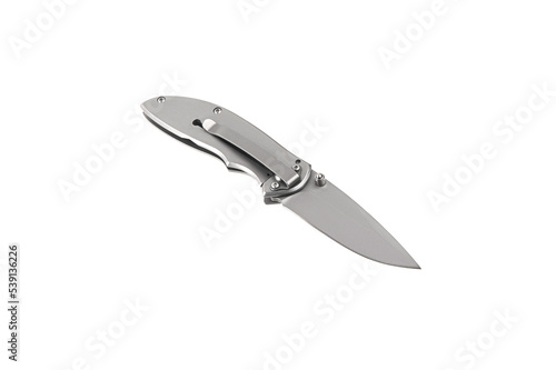 Pocket folding knife isolate on white back. Compact metal sharp knife with a folding blade.