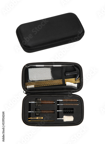 A set for cleaning weapons in a black case isolate on a white back. Weapon care tools.