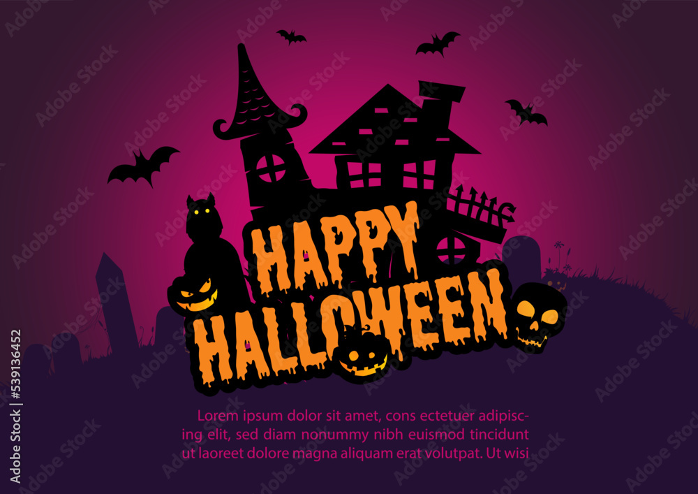 Silhouette spooky haunted house with Halloween wording on glowing purple light background