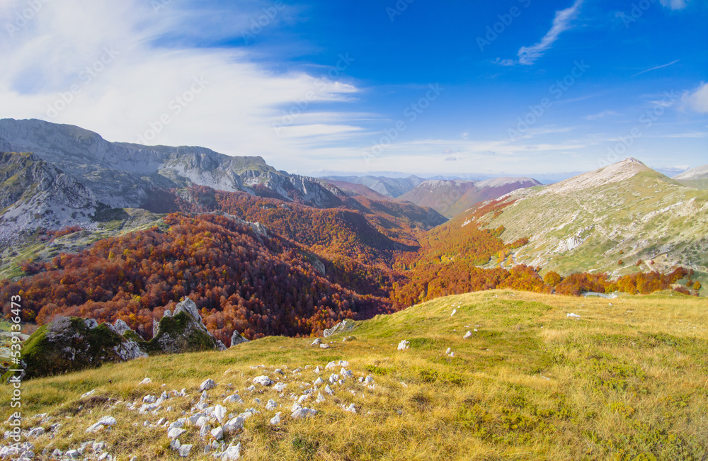 Rieti (Italy) - The peak of Monti Reatini, beside Terminillo, during the autumn foliage, with Brecciaro, Ritornello, Elefante, Valloni and Jaccio Crudele summits. Rieti (Italy) - The peak of Monti Reatini, beside Terminillo, during the autumn foliage, with Brecciaro, Ritornello, Elefante, Valloni and Jaccio Crudele summits.