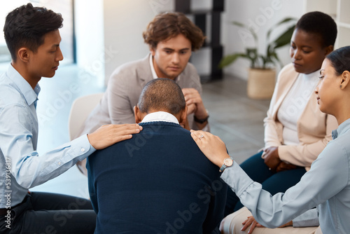 Support, help and mental health people in therapy discussion for anxiety problem, stress or depression with professional psychologist or therapist. Care, trust and psychology with community talking © Anela R/peopleimages.com