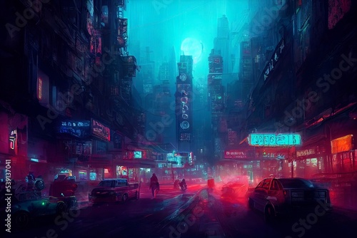 Cyberpunk neon city night. Futuristic city scene in a style of pixel art. Backdrop. Wallpaper. Retro future 3D illustration. Urban scene. © W&S Stock