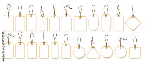 Price tag icons collection.Set of blank white paper price tags or gift tags .Paper labels set. Golden discount tags.Cardboard.