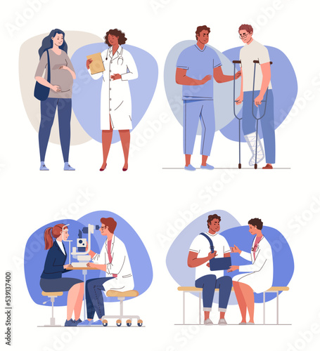 Set of doctors and patients. Consultation, diagnostics, treatment of adults. Collection of medical service scenes. Vector characters flat cartoon illustration.

