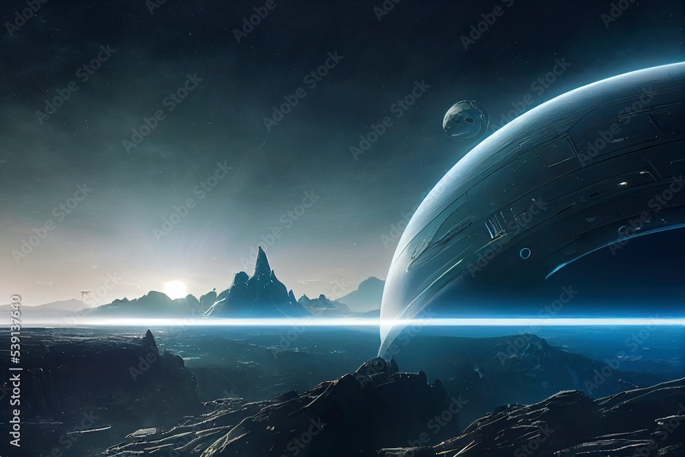 Alien Planet. Futuristic fantasy landscape, sci-fi landscape with planet, neon light, cold planet. 3d illustration. Great for use in your creative projects.