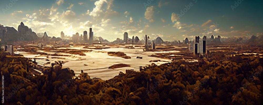 Alien Planet. Futuristic fantasy landscape, sci-fi landscape with planet, neon light, cold planet. 3d illustration. Great for use in your creative projects.