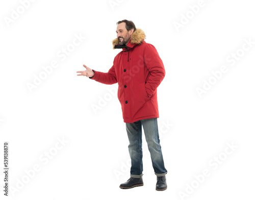 man wear warm winter outwear in studio. hello gesture. mature man in red puffer coat outwear.