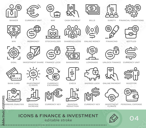 Set of conceptual icons. Vector icons in flat linear style for web sites, applications and other graphic resources. Set from the series - Finance and Investment. Editable stroke icon.
