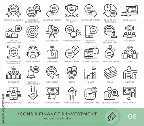 Set of conceptual icons. Vector icons in flat linear style for web sites, applications and other graphic resources. Set from the series - Finance and Investment. Editable stroke icon.