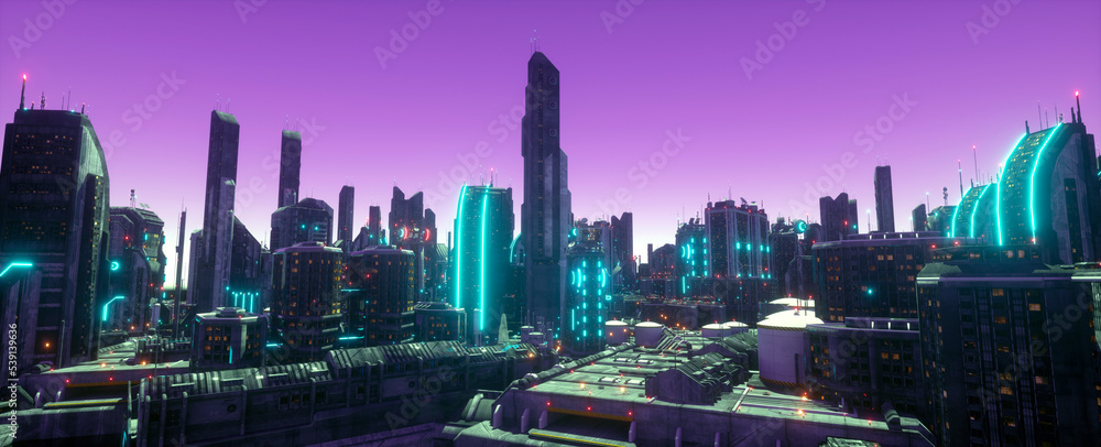 Neon urban future. Panorama of a futuristic city. Wallpaper in a cyberpunk style. 3D illustration. Huge futuristic skyscrapers glowing with neon light against the background of the purple evening sky.