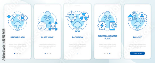 Nuclear explosion dangers blue onboarding mobile app screen. Radiation walkthrough 5 steps editable graphic instructions with linear concepts. UI, UX, GUI template. Myriad Pro-Bold, Regular fonts used