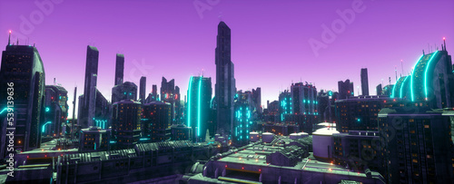 Neon urban future. Panorama of a futuristic city. Wallpaper in a cyberpunk style. 3D illustration. Huge futuristic skyscrapers glowing with neon light against the background of the purple evening sky.